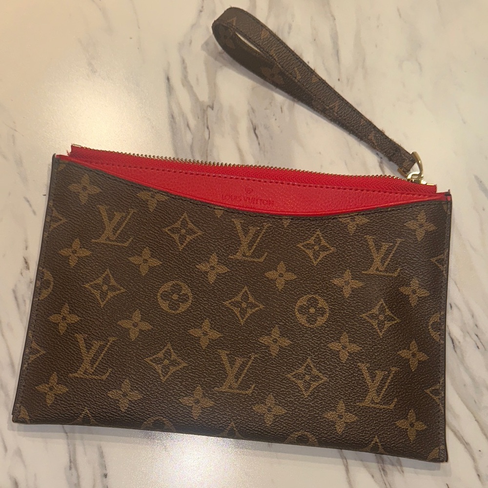 Louis Vuitton LV Monogram Zip Pouch with Red Trim and Brown Canvas